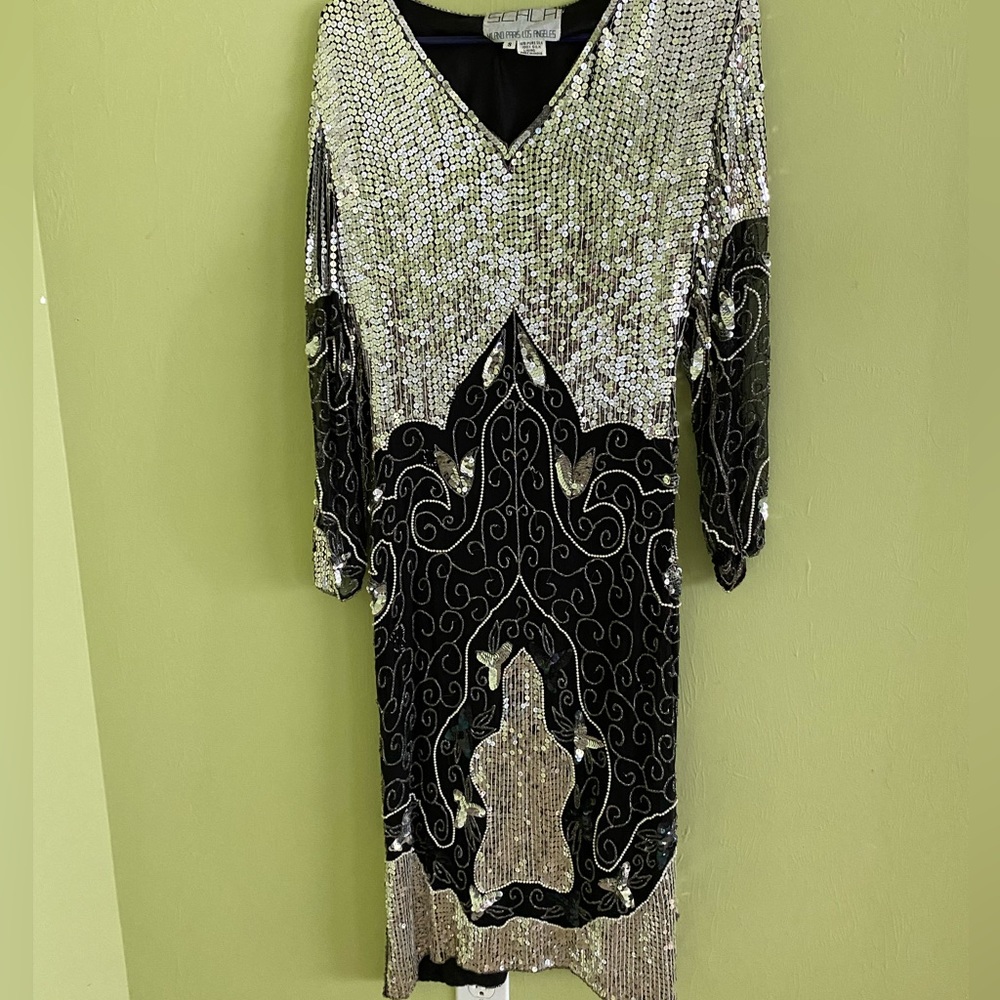 Vintage Rare- Scala Milan Paris Designer Black Beaded Sequined Silk Party Dress